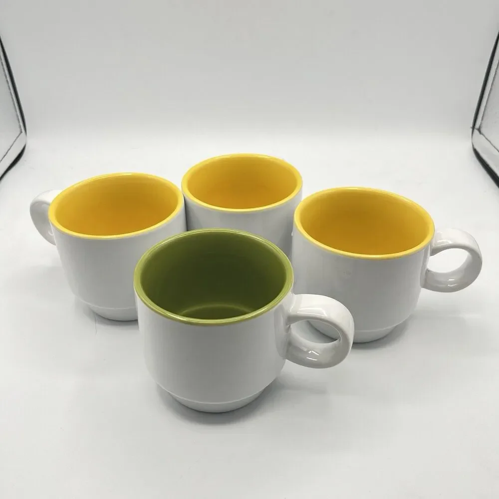 Crate and Barrel Stackable Cups Mugs White with 1 Green and 3 Yellow inside
